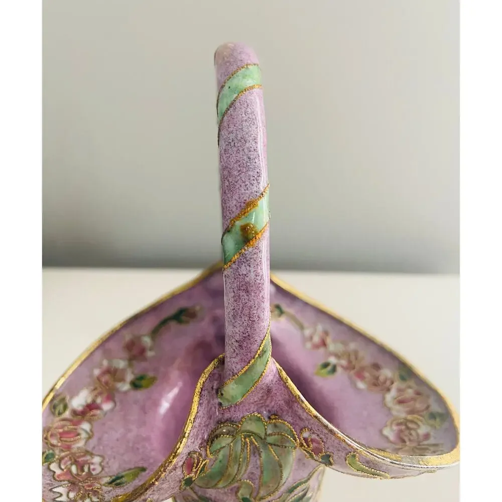 Vintage Chinese Cloisonne Lavender Purple Basket Vase Brass Floral Enamel, 6.25